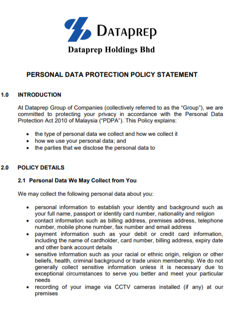 Personal Data Protection Policy Statement